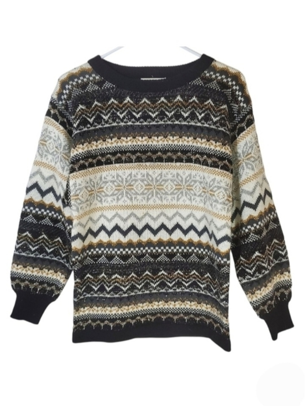 7539 * Tramaré Vintage Nordic Fair Isle Knit Sweater Black White Metallic Size S